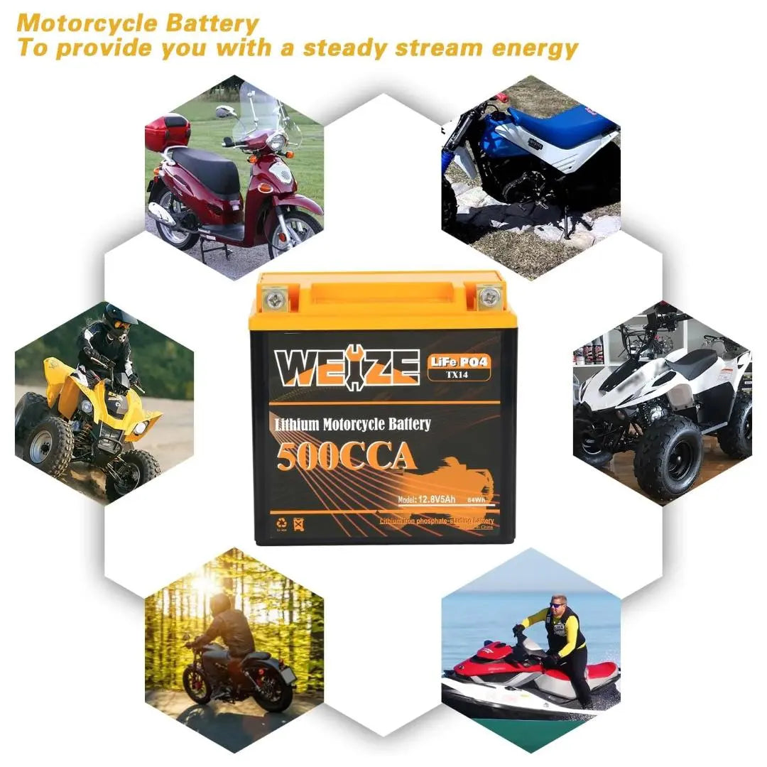 WEIZE 12V 5AH Lithium Group 14, 500CCA LiFePO4 Motorcycle Battery WEIZE