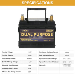 WEIZE 12V 60AH Dual Purpose LiFePO4 Lithium Battery, Starter & Deep Cycle, Marine & RV Battery - WEIZE