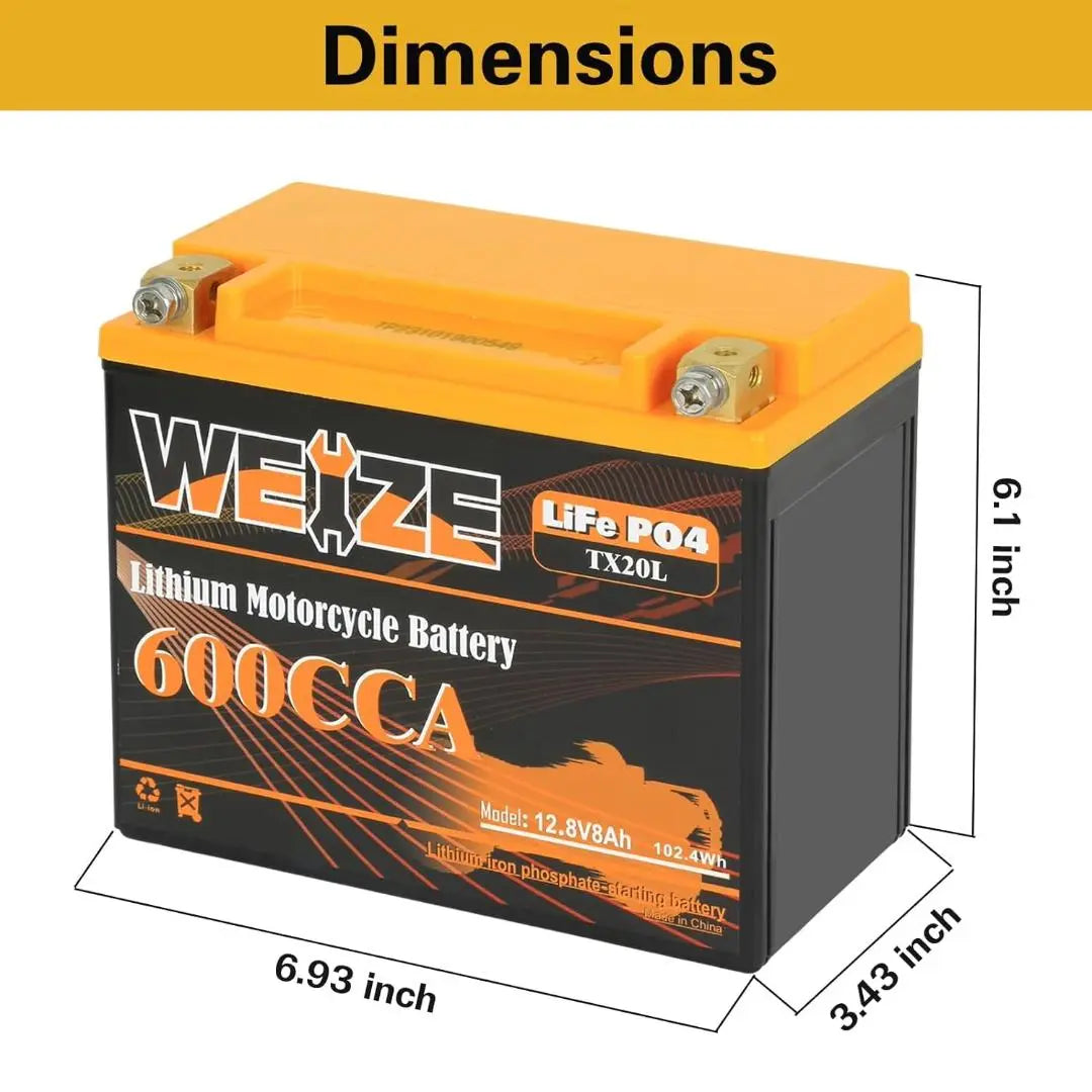 WEIZE 12V 8AH Group 20, 600CCA LiFePO4 Lithium Motorcycle Battery WEIZE