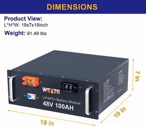 WEIZE 48V 100Ah 4800Wh Lithium Battery, Deep Cycle LiFePO4 Battery for RV, Solar System, Marine, and Off Grid Applications WEIZE
