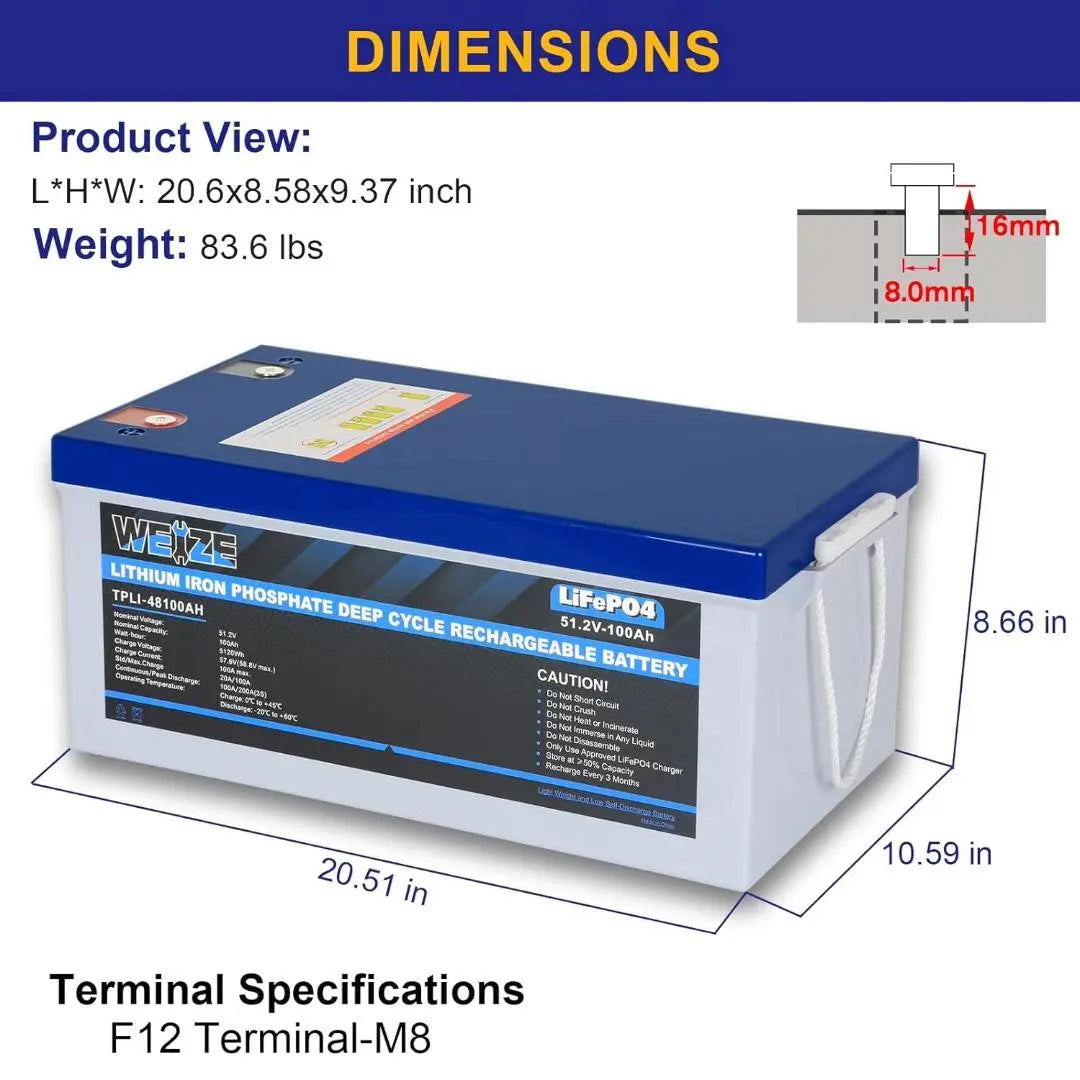 WEIZE 48V(51.2V) 100Ah 5120Wh LiFePO4 Lithium Battery (ETA: June 05) WEIZE