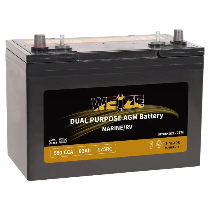 WEIZE BCI Group 27M 12V 92AH Dual Purpose AGM Battery, Starter & Deep Cycle, Marine & RV Battery WEIZE