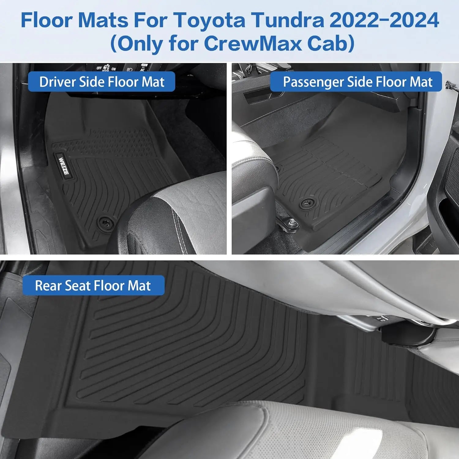 WEIZE Floor Mats Fit for Toyota Tundra (Only for CrewMax Cab) 2022-2024 TPE All Weather Custom Fit Floor Liner, 1st and 2nd Row Full Set Car Mats WEIZE