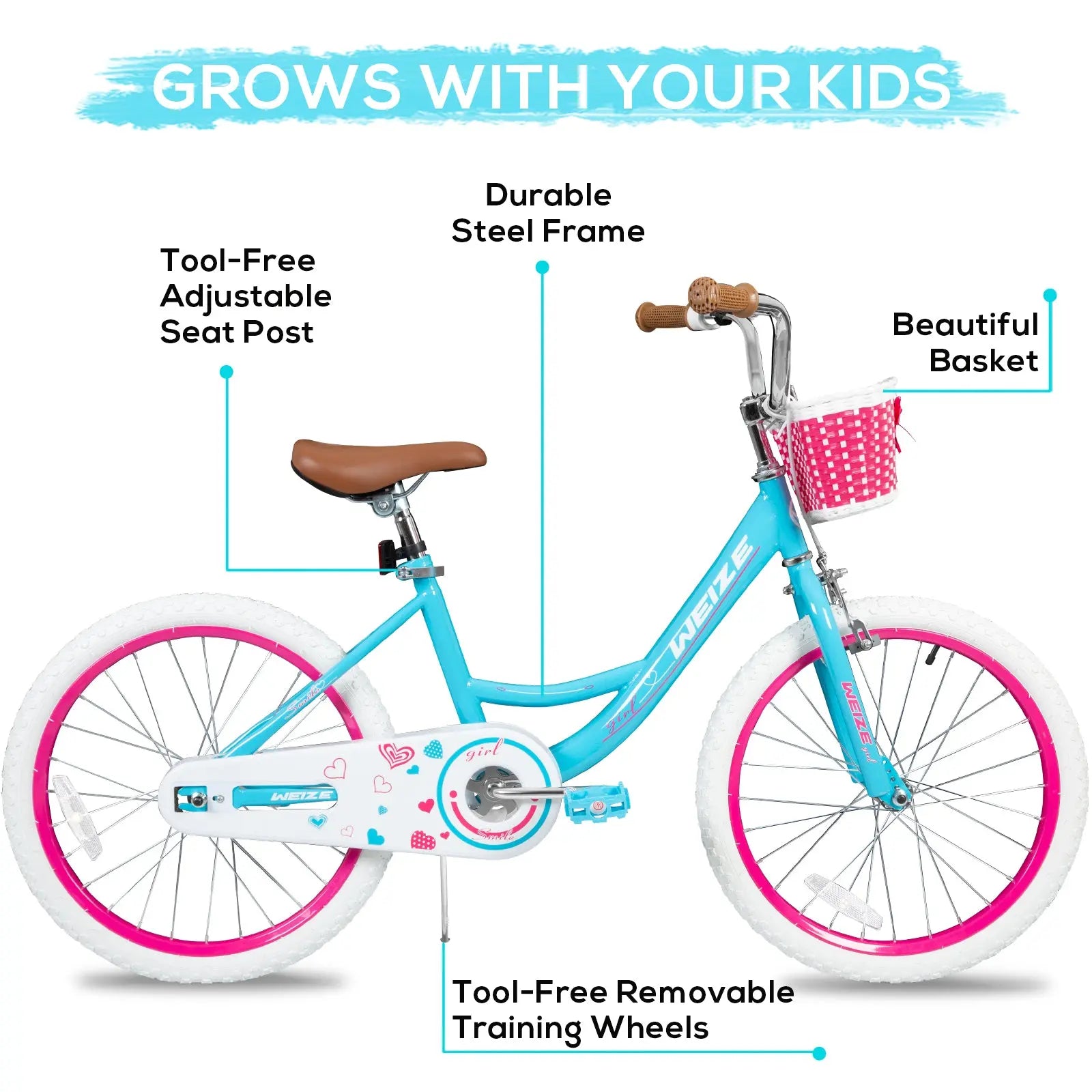 WEIZE Girls Bike for 3-12 Years Old Kids, 20 Inch Kids Bike with Training Wheels, Streamers, Basket and Doll Seat, Children Bicycles with Coaster Brake WEIZE