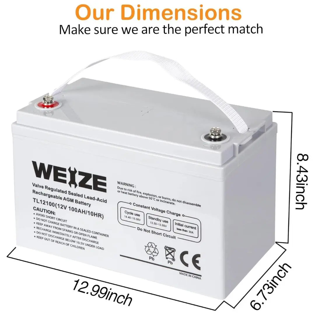 WEIZE New 12V 100AH AGM SLA Deep Cycle Battery (Light Grey) WEIZE