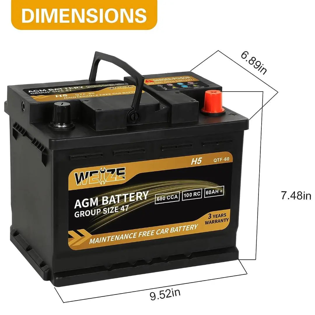 WEIZE Platinum AGM Battery BCI Group 47 - 12V 60Ah H5 Automotive Battery WEIZE