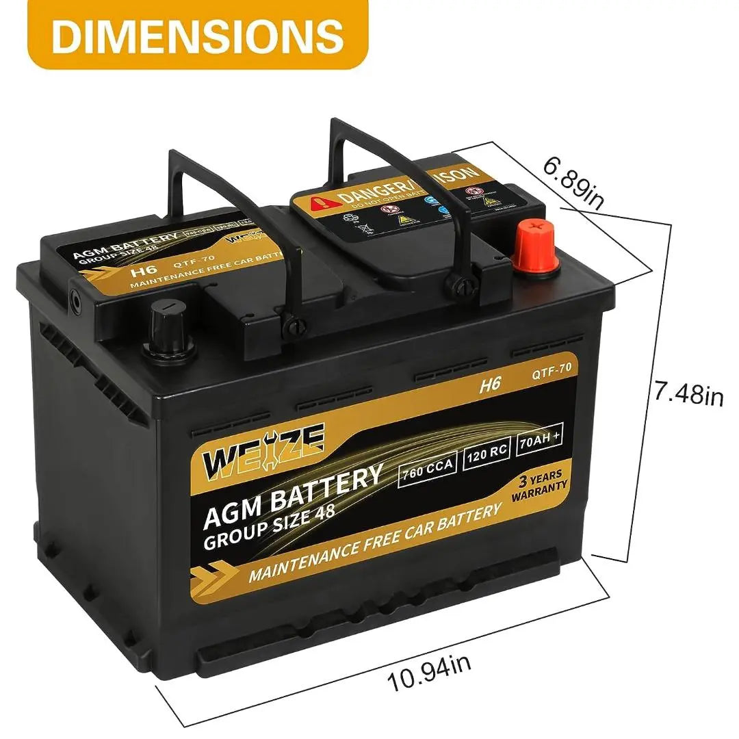 WEIZE Platinum AGM Battery BCI Group 48 - 12V 70Ah H6 Automotive Battery WEIZE