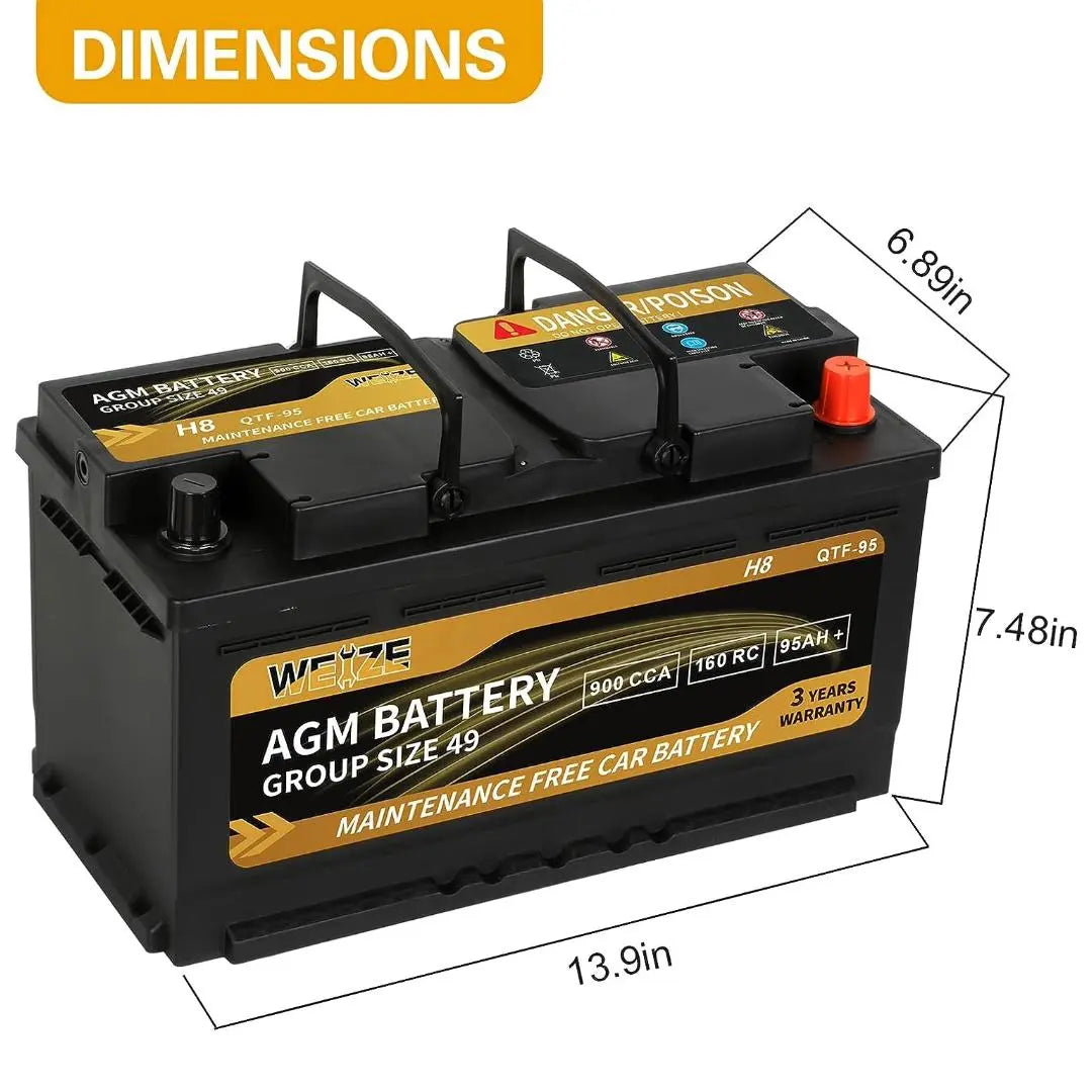 WEIZE Platinum AGM Battery BCI Group 49 - 12V 95Ah H8 Automotive Battery WEIZE