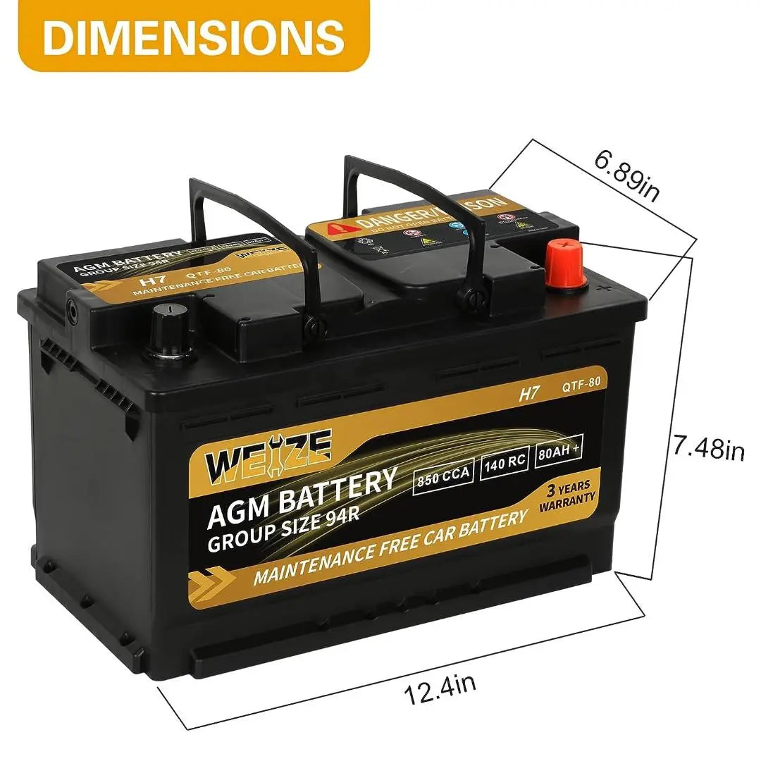 WEIZE Platinum AGM Battery BCI Group 94R - 12V 80Ah H7 Automotive Battery WEIZE