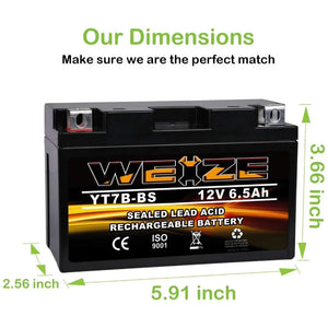 WEIZE YT7B-BS 12V 6.5Ah High Performance - Maintenance Free - Sealed AGM Motorcycle Battery YT7B BS For Yamaha ATV WEIZE