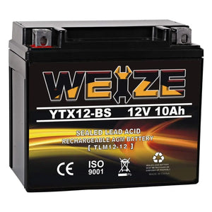 WEIZE YTX12-BS 12V 10Ah Motorcycle Battery High Performance - Maintenance Free - Sealed YTX12 BS AGM Rechargeable ATV Batteries compatible with Honda Kawasaki Suzuki WEIZE