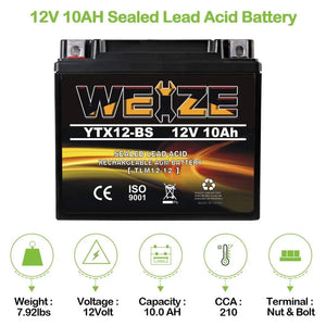 WEIZE YTX12-BS 12V 10Ah Motorcycle Battery High Performance - Maintenance Free - Sealed YTX12 BS AGM Rechargeable ATV Batteries compatible with Honda Kawasaki Suzuki WEIZE