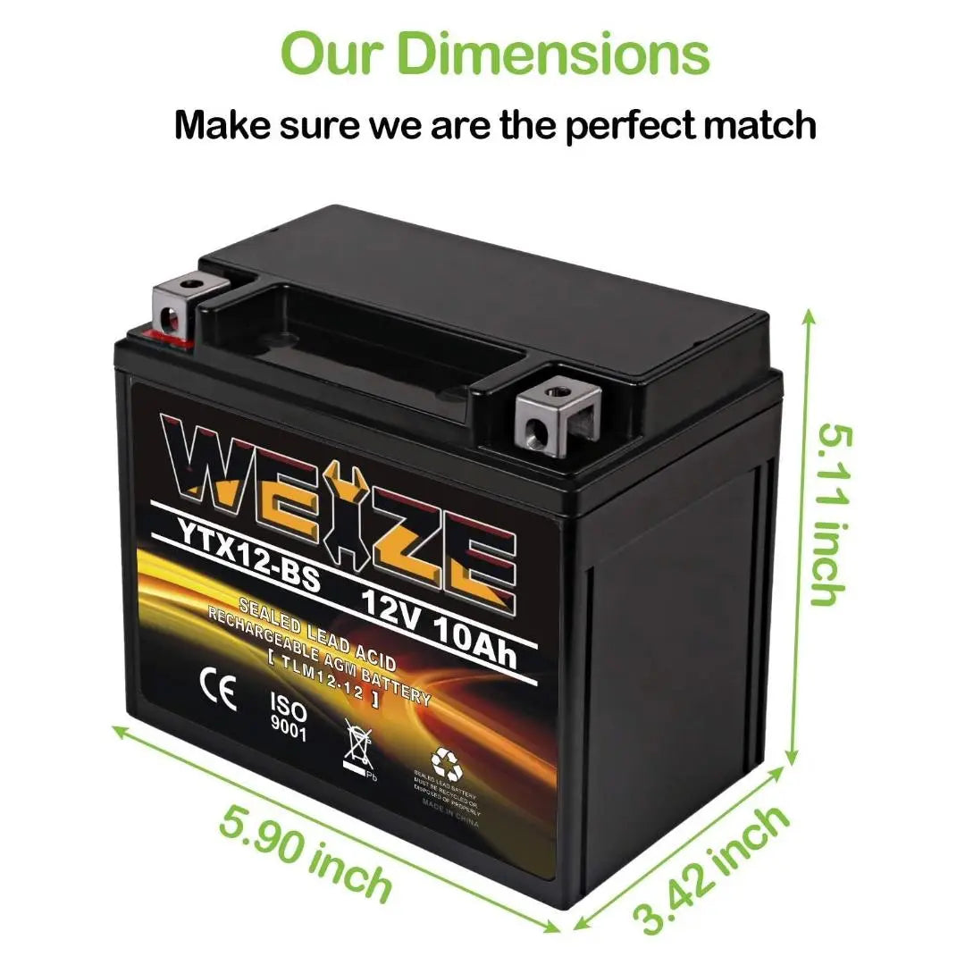 WEIZE YTX12-BS 12V 10Ah Motorcycle Battery High Performance - Maintenance Free - Sealed YTX12 BS AGM Rechargeable ATV Batteries compatible with Honda Kawasaki Suzuki WEIZE