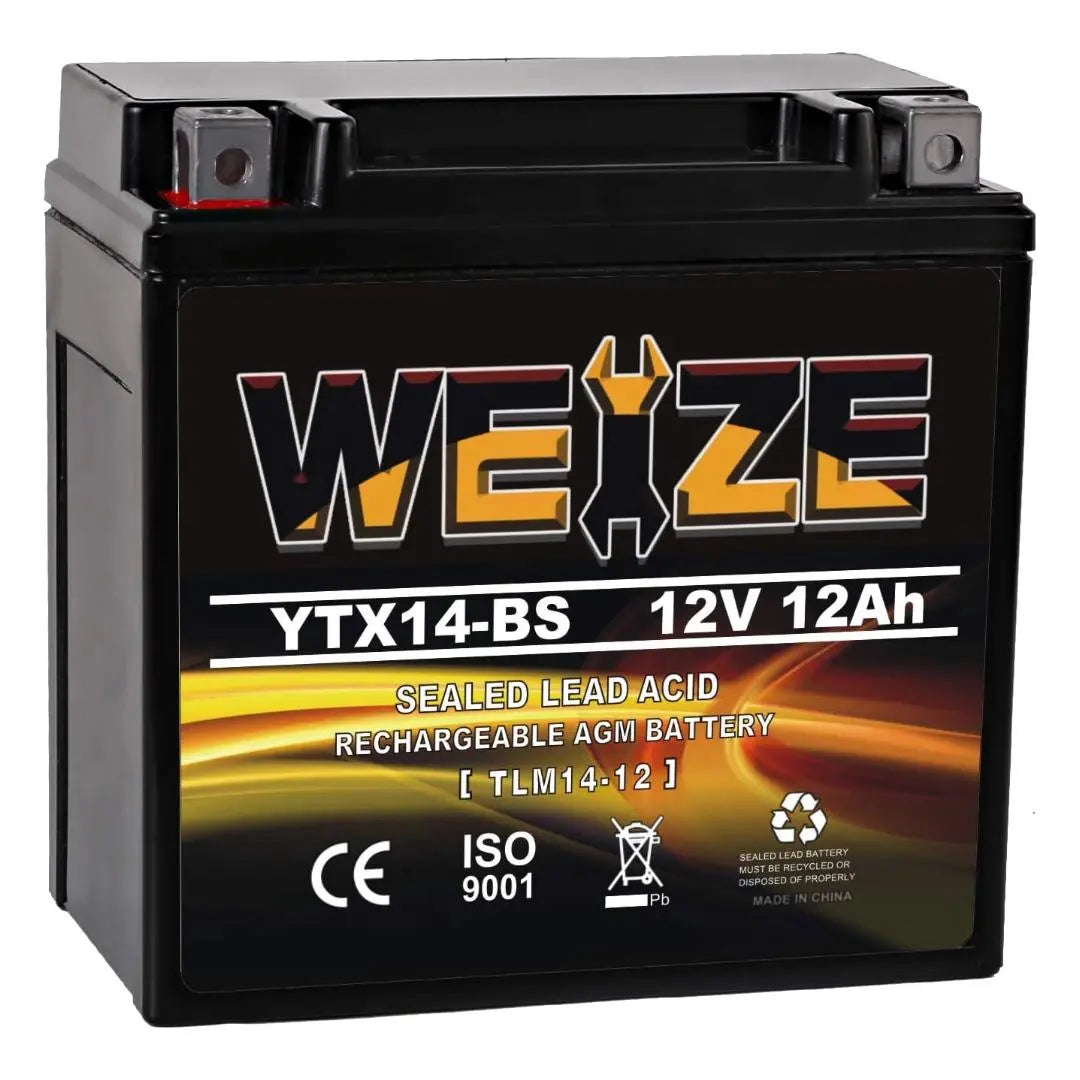 WEIZE YTX14-BS 12V 12Ah ATV Battery High Performance-Maintenance Free-Sealed AGM Motorcycle Battery compatible with Honda Suzuki Kawasaki Yamaha scooter snowmobile WEIZE