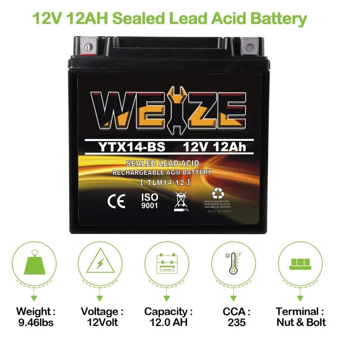 WEIZE YTX14-BS 12V 12Ah ATV Battery High Performance-Maintenance Free-Sealed AGM Motorcycle Battery compatible with Honda Suzuki Kawasaki Yamaha scooter snowmobile WEIZE