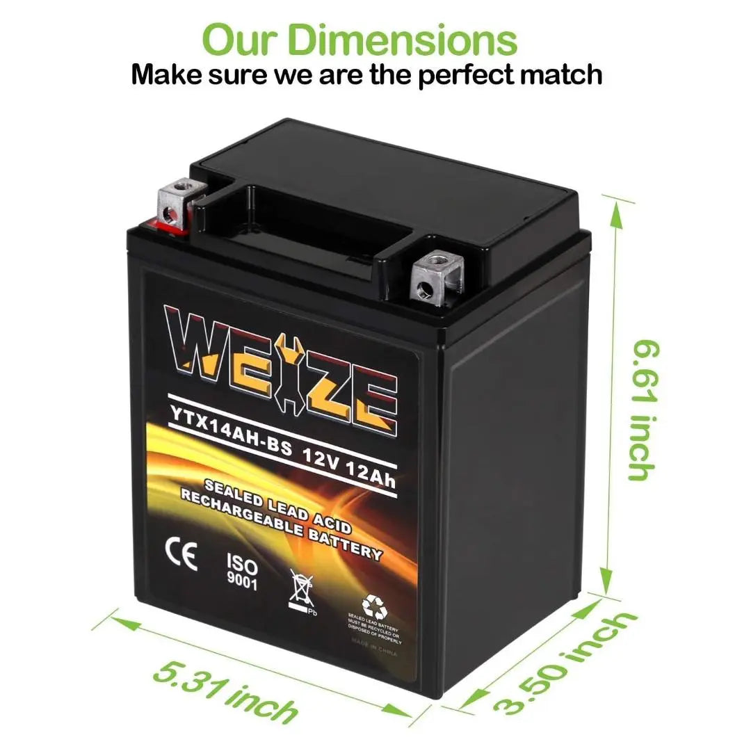 WEIZE YTX14AH-BS 12V 12Ah High Performance-Maintenance Free-Sealed AGM ATV Motorcycle Battery for Polaris Sportsman 570 Trail Blazer 250 Ranger 400 500 Suzuki King Quad 300 QuadRunner 250 WEIZE