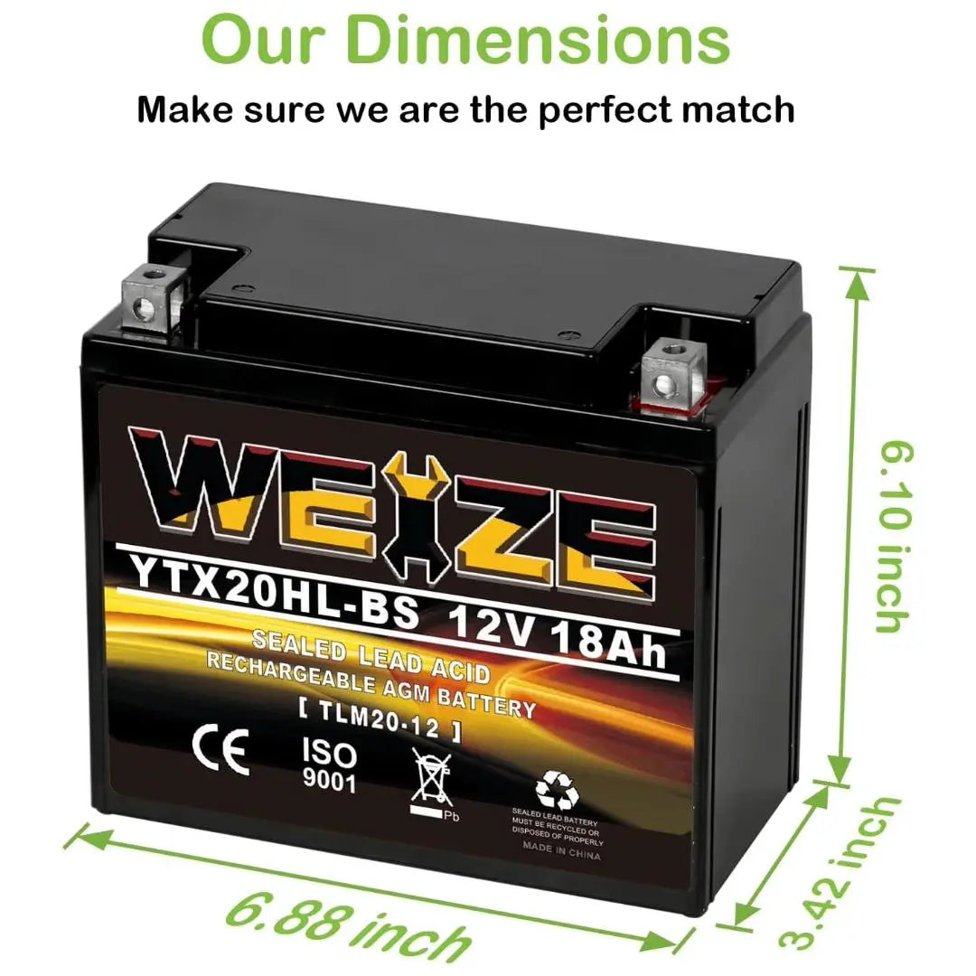 WEIZE YTX20HL-BS 12V 18Ah High Performance-Maintenance Free-Sealed AGM ETX20HL BS Motorcycle Battery WEIZE