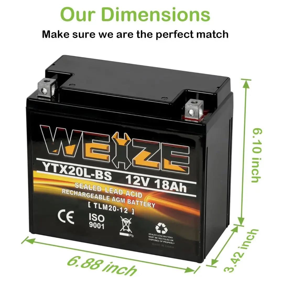 WEIZE YTX20L-BS 12V 18Ah High Performance Power Sports-Maintenance Free-Sealed AGM Battery ETX20L BS For Motorcycle ATV UTV snowmobile WEIZE