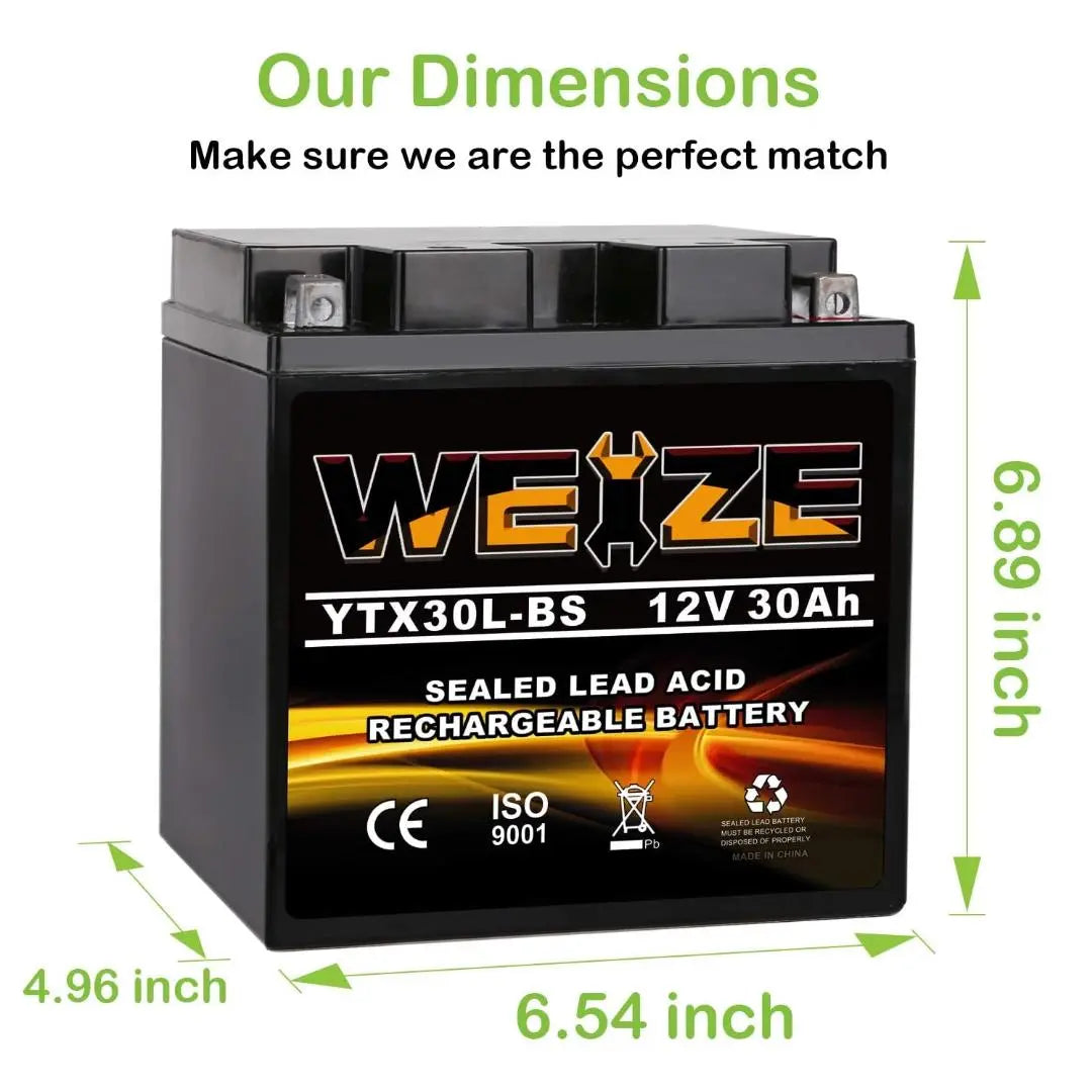 WEIZE YTX30L-BS 12V 30Ah Battery Replacement Yuasa YIX30L Motorcycle Battery-Factory Sealed-Maintenance Free-High Performance ETX30L BS For Harley Davidson Polaris Sportsman WEIZE