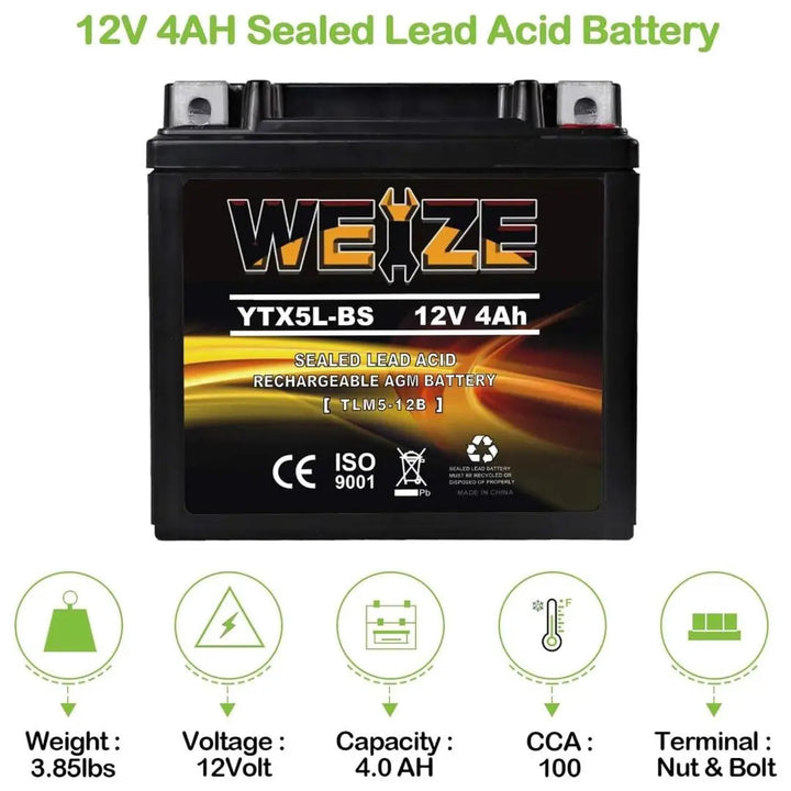 WEIZE YTX5L-BS 12V 4Ah High Performance - Maintenance Free - Sealed AGM Motorcycle CTX5L Battery compatible with Honda YUASA Yamaha ETX5L-BS Batteries WEIZE