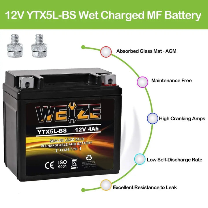 WEIZE YTX5L-BS 12V 4Ah High Performance - Maintenance Free - Sealed AGM Motorcycle CTX5L Battery compatible with Honda YUASA Yamaha ETX5L-BS Batteries WEIZE