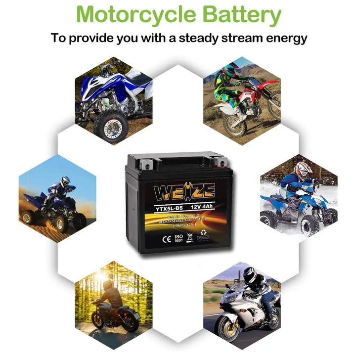 WEIZE YTX5L-BS 12V 4Ah High Performance - Maintenance Free - Sealed AGM Motorcycle CTX5L Battery compatible with Honda YUASA Yamaha ETX5L-BS Batteries WEIZE