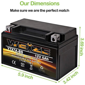 WEIZE YTX7A-BS 12V 6Ah High Performance - Maintenance Free - Sealed AGM Motorcycle Battery compatible with Gas Gy6 Scooter Moped 50CC 125CC WEIZE