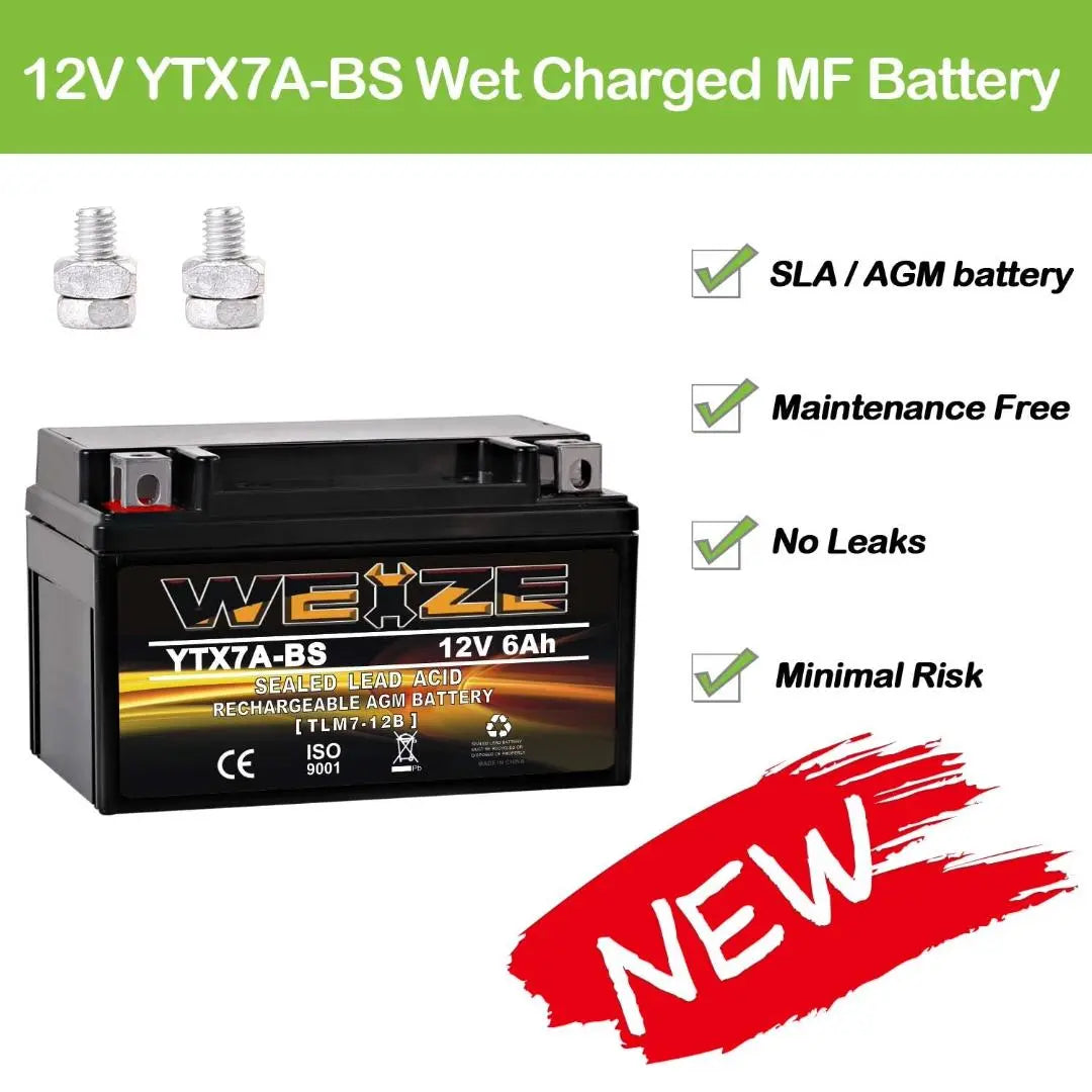 WEIZE YTX7A-BS 12V 6Ah High Performance - Maintenance Free - Sealed AGM Motorcycle Battery compatible with Gas Gy6 Scooter Moped 50CC 125CC WEIZE