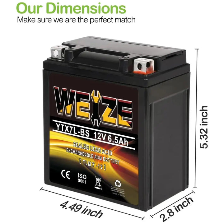 WEIZE YTX7L-BS 12V 6.5Ah High Performance - Maintenance Free - Sealed AGM 100CCA ATV Motorcycle Battery compatible with Honda Kawasaki Suzuki WEIZE