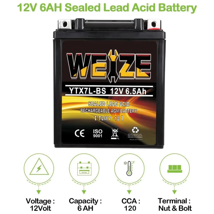 WEIZE YTX7L-BS 12V 6.5Ah High Performance - Maintenance Free - Sealed AGM 100CCA ATV Motorcycle Battery compatible with Honda Kawasaki Suzuki WEIZE