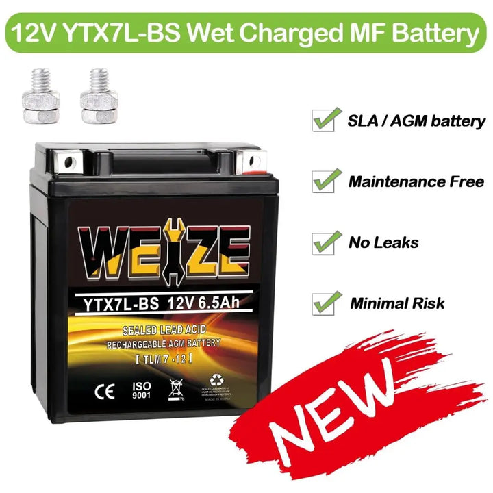 WEIZE YTX7L-BS 12V 6.5Ah High Performance - Maintenance Free - Sealed AGM 100CCA ATV Motorcycle Battery compatible with Honda Kawasaki Suzuki WEIZE