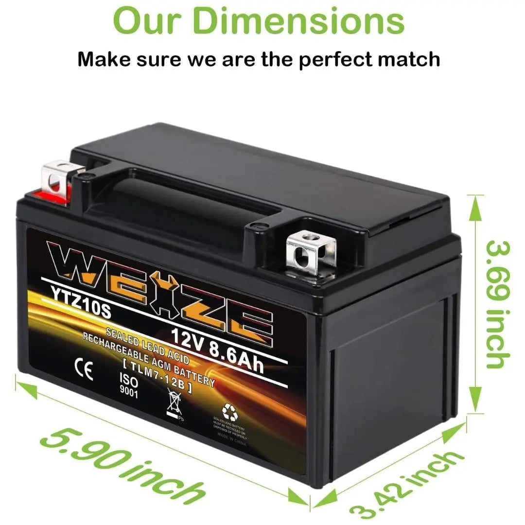 WEIZE YTZ10S-BS 12V 8.6Ah High Performance - Maintenance Free - Sealed AGM Motorcycle Battery Compatible With Yamaha Honda WEIZE