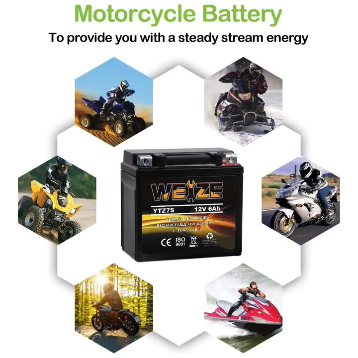 WEIZE YTZ7S-BS 12V 6Ah High Performance - Maintenance Free AGM Battery Replacement YTZ7S Compatible with Honda TRX450ER TRX450R ATV Motorcycle WEIZE