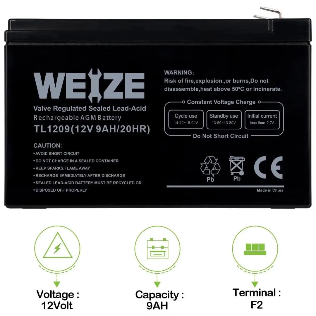 WEIZE 12V 9Ah Deep Cycle AGM Battery with F2 Terminals, Replaces 12V 8Ah 10Ah for Razor e200/e200 /e225/e300, APC UPS Computer Backup Power (BX1300LCD) WEIZE