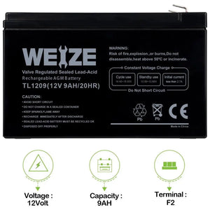 WEIZE 12V 9Ah Deep Cycle AGM Battery with F2 Terminals, Replaces 12V 8Ah 10Ah for Razor e200/e200 /e225/e300, APC UPS Computer Backup Power (BX1300LCD) WEIZE