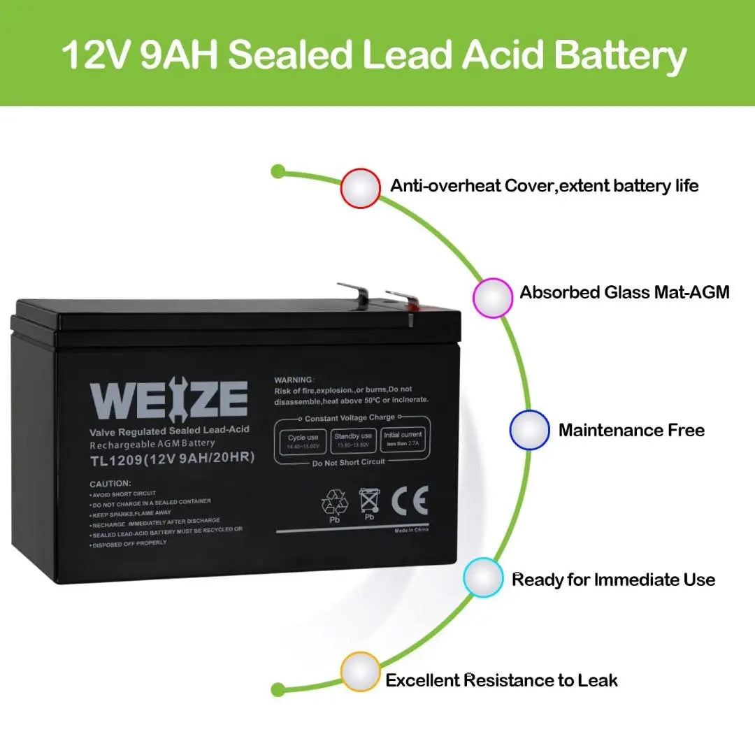 WEIZE 12V 9Ah Deep Cycle AGM Battery with F2 Terminals, Replaces 12V 8Ah 10Ah for Razor e200/e200 /e225/e300, APC UPS Computer Backup Power (BX1300LCD) WEIZE