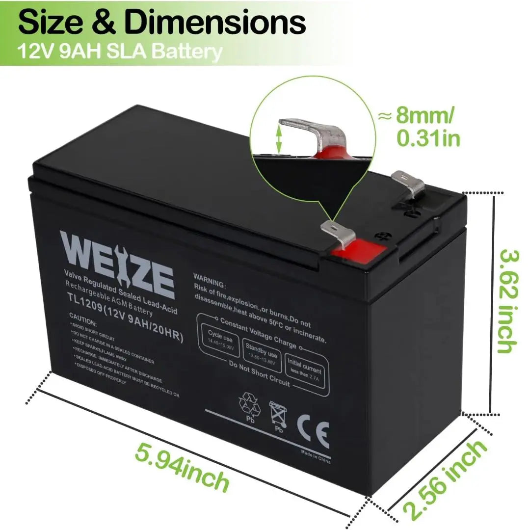 WEIZE 12V 9Ah Deep Cycle AGM Battery with F2 Terminals, Replaces 12V 8Ah 10Ah for Razor e200/e200 /e225/e300, APC UPS Computer Backup Power (BX1300LCD) WEIZE