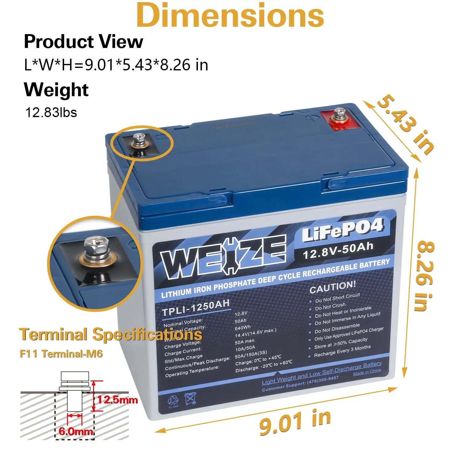 12V 50Ah 640Wh Lithium Iron Phosphate Battery Built-in Smart BMS Up to 8000 Deep Cycles WEIZE